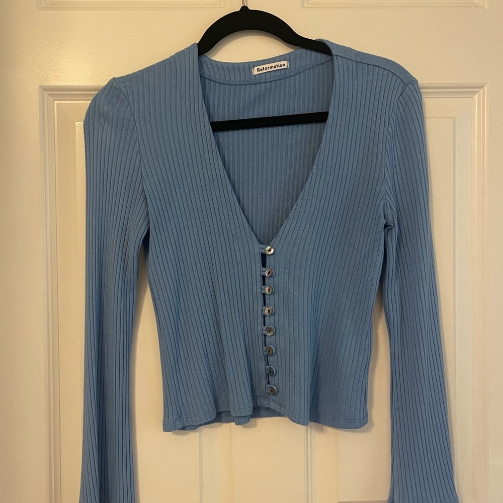 Blue Button-Down Ribbed Top